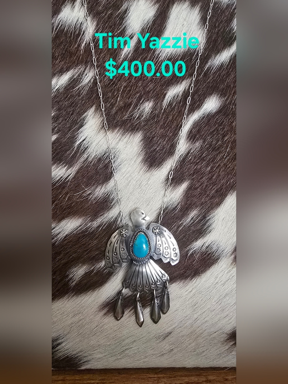 Tim Bossman Yazzie  Sterling Silver Thunderbird Necklace with Turquoise